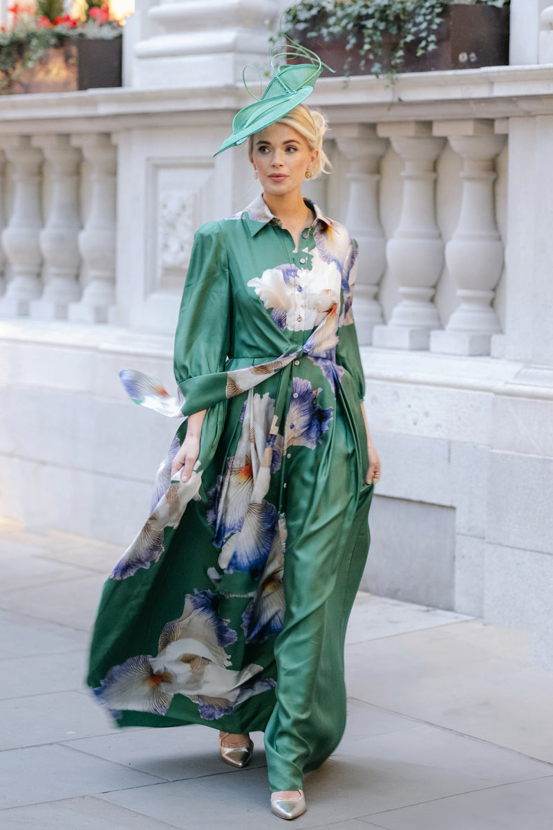 Load image into Gallery viewer, Trixie Floor Length Silk Shirt Dress Green Iris - ARCHIVE SALE