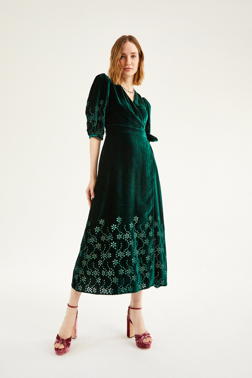 Load image into Gallery viewer, Vermont Wrap Dress Emerald Cut Work Velvet