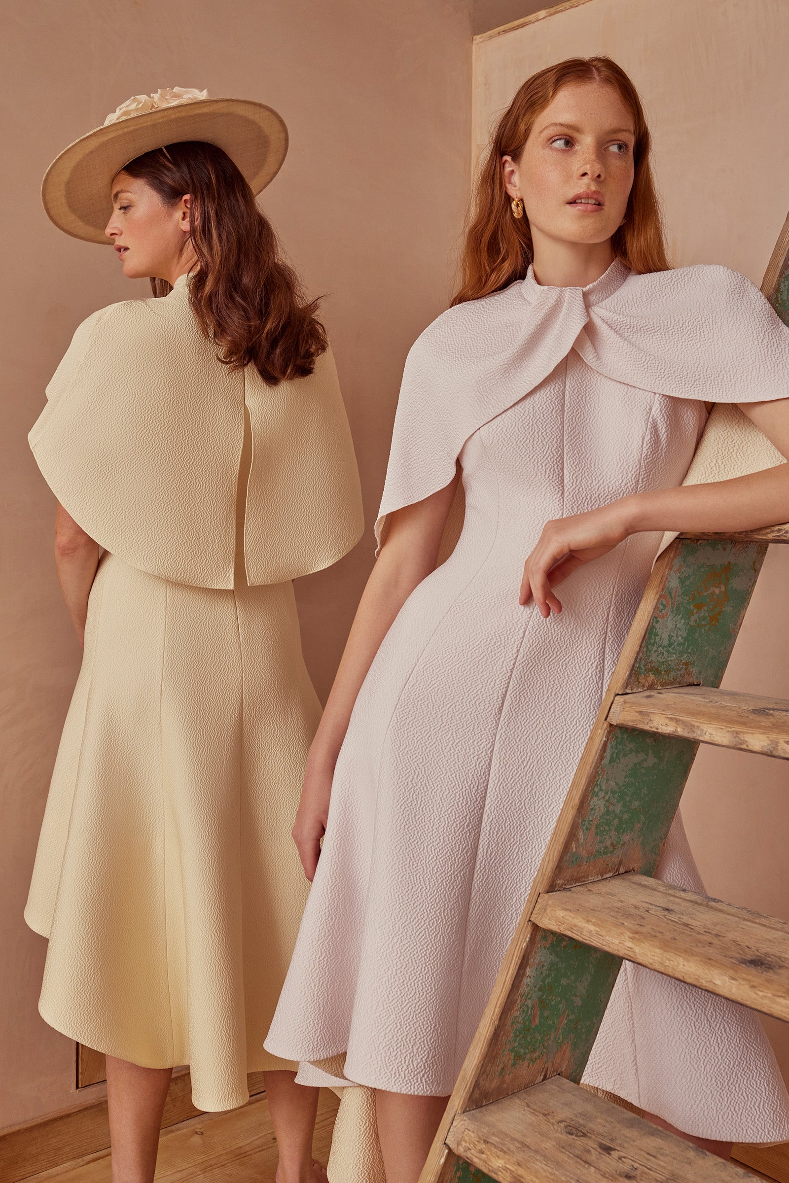 Viola Cape Dress Soft Pink and Lemon | Suzannah London
