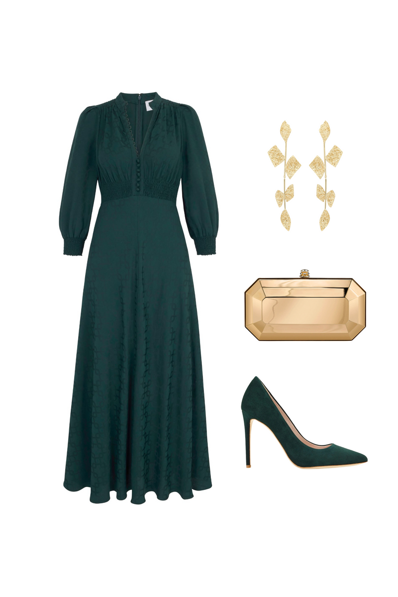 Load image into Gallery viewer, Gabriella Dress Geometric Jacquard Forest Green