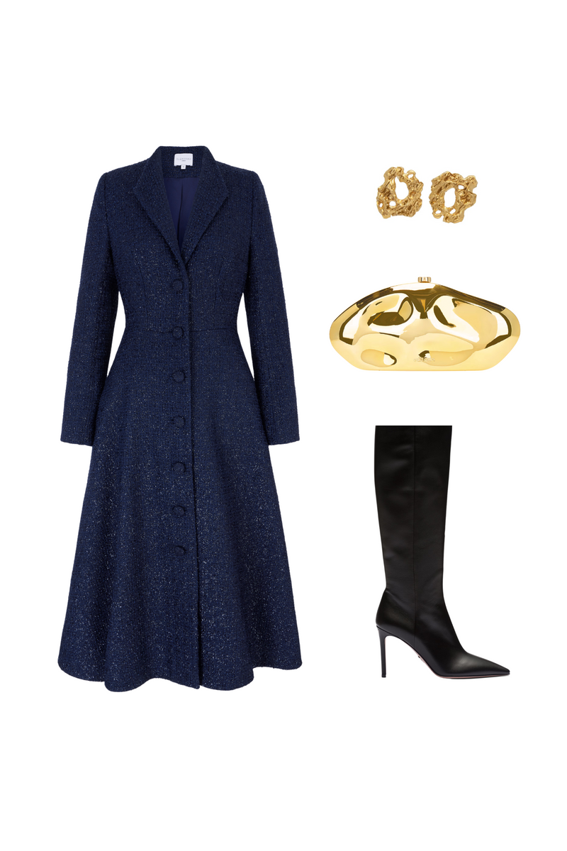 Load image into Gallery viewer, Louisa Coat Dress Metallic Tweed Navy