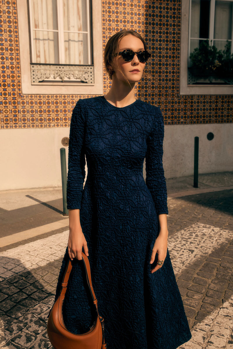 Load image into Gallery viewer, Winnie Midi Dress Smocked Cloqué Navy