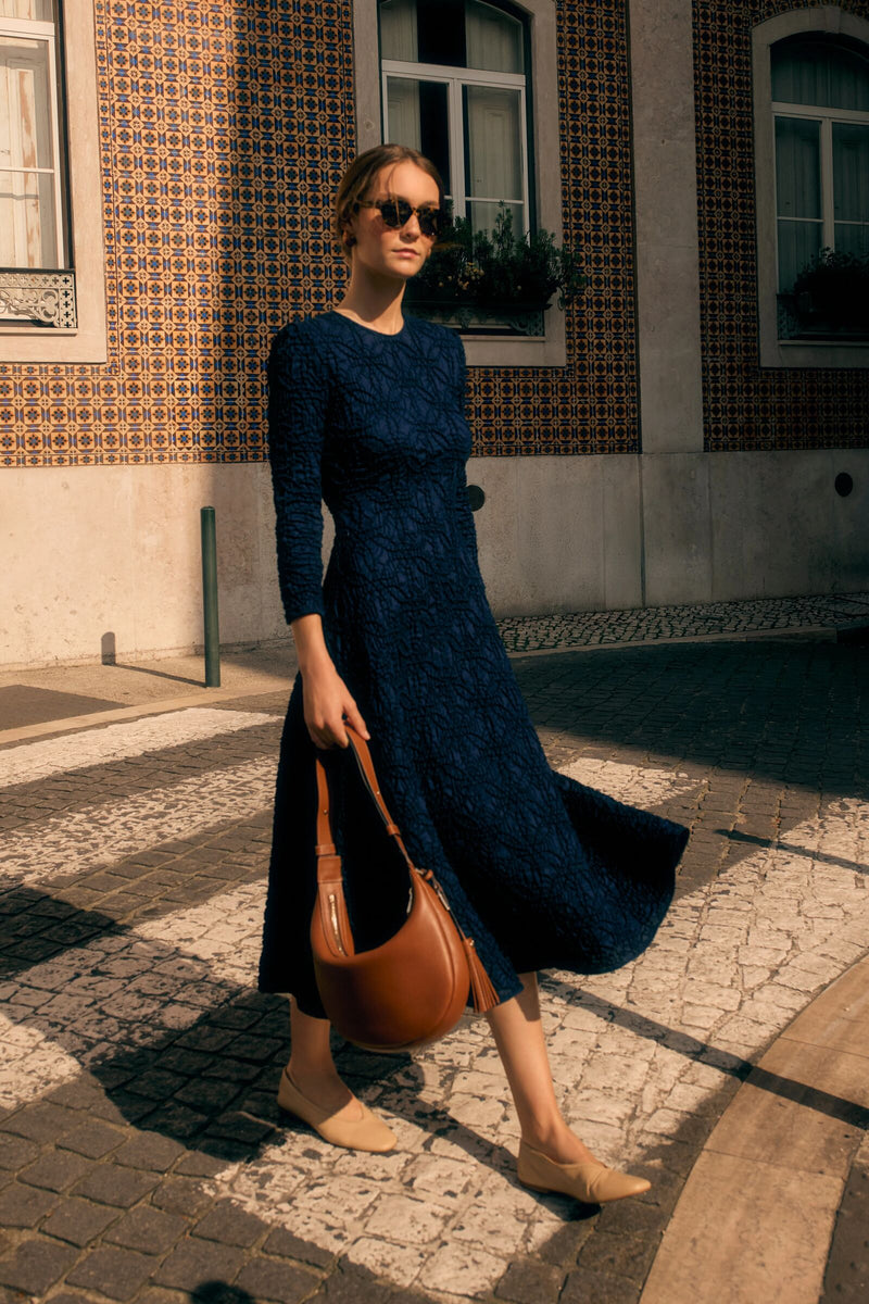 Load image into Gallery viewer, Winnie Midi Dress Smocked Cloqué Navy
