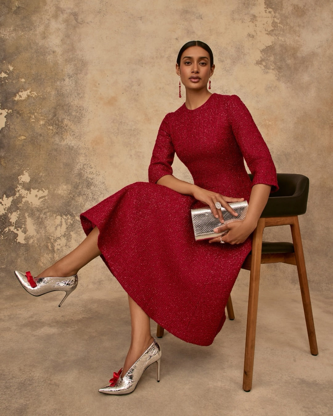 Lucy Midi Dress Metallic Tweed Red