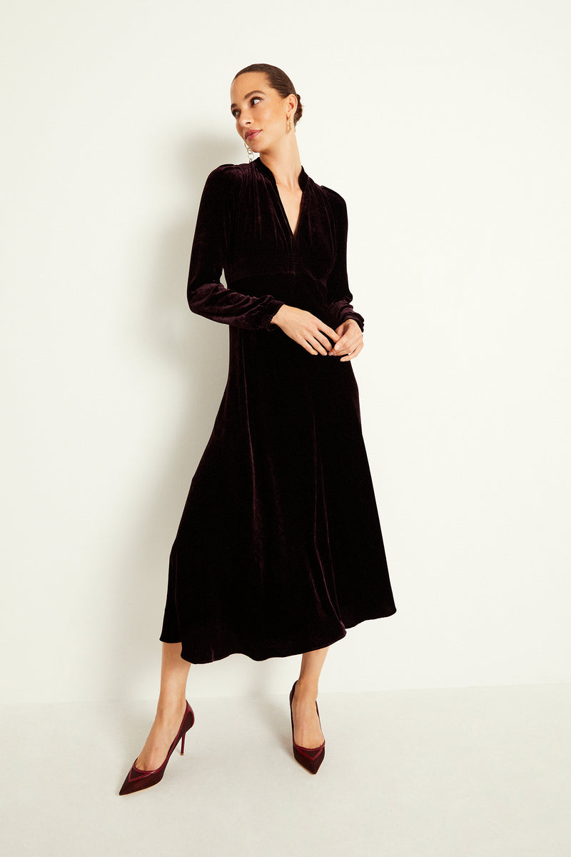 Load image into Gallery viewer, Velvet Grandad Dress Blackcurrant Purple - ARCHIVE SALE