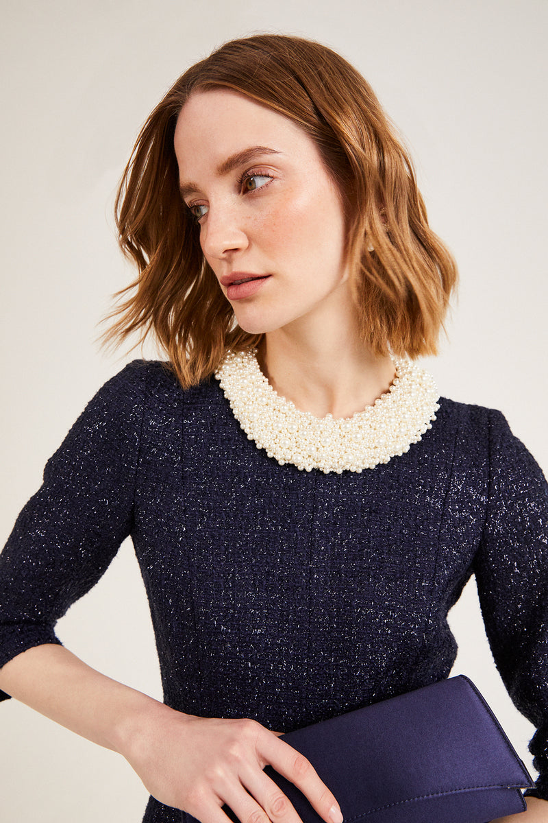 Load image into Gallery viewer, Lucy Midi Dress Metallic Tweed Navy