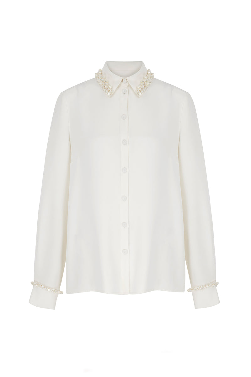 Mayfair Silk Crepe Embellished Shirt Ivory
