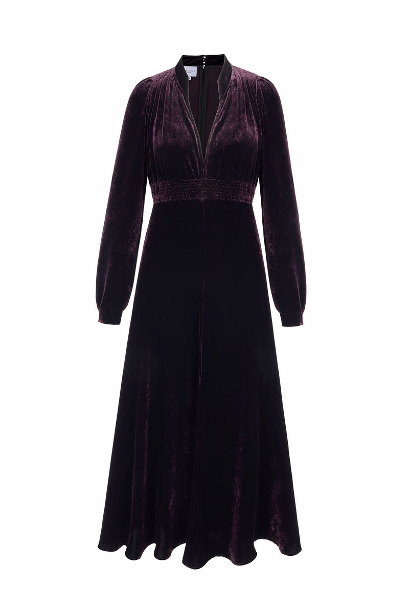 Load image into Gallery viewer, Velvet Grandad Dress Blackcurrant Purple - ARCHIVE SALE